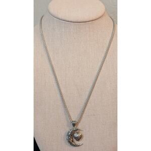 Sterling & 14K Two Toned Filigree Moon & Dangling Heart Pendant Necklace